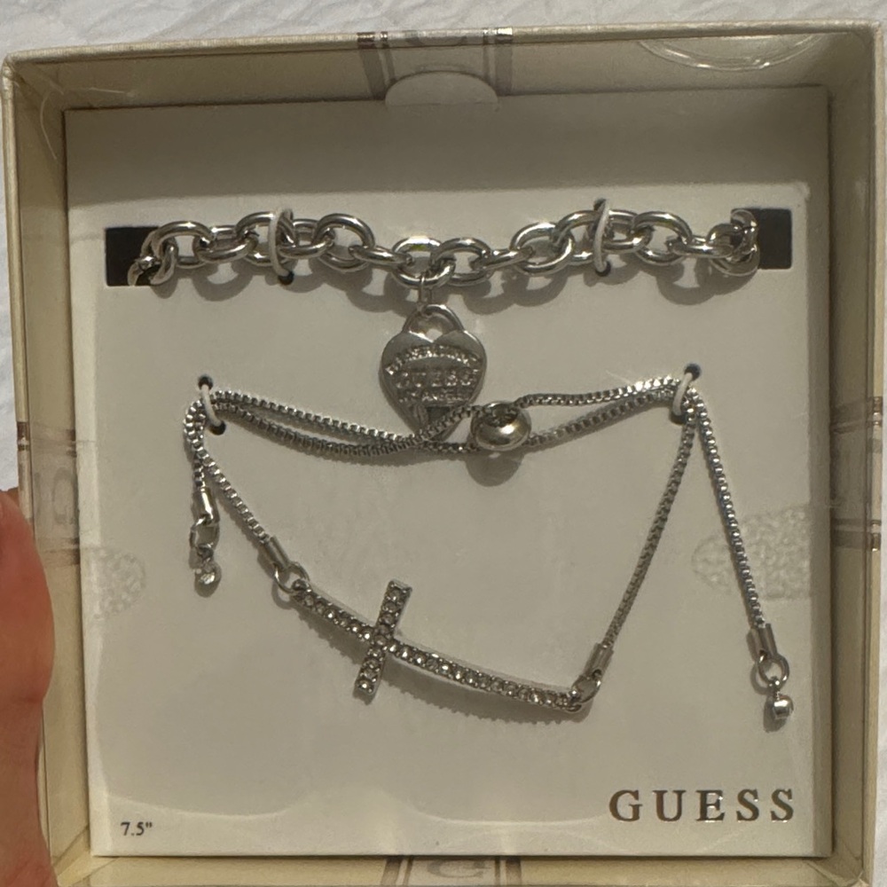 GUESS Silver Chain and Cross Bracelet Set